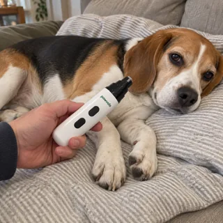 A relaxed beagle resting while its owner holds the Pawvalo grinder