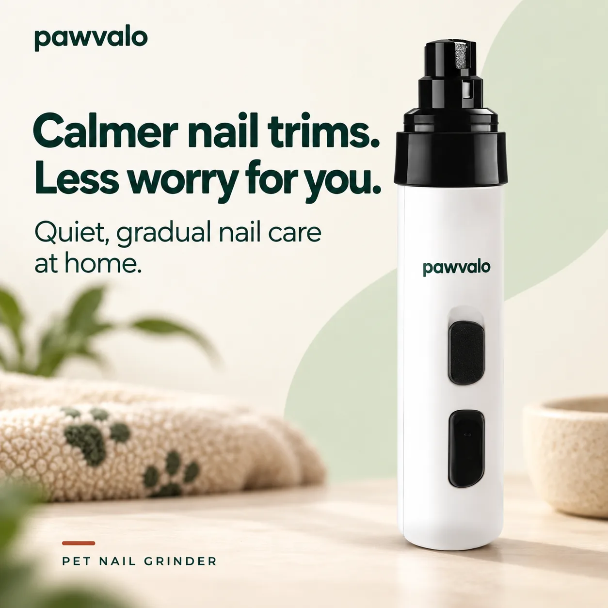Pawvalo pet nail grinder beside the words: calmer nail trims, less worry for you